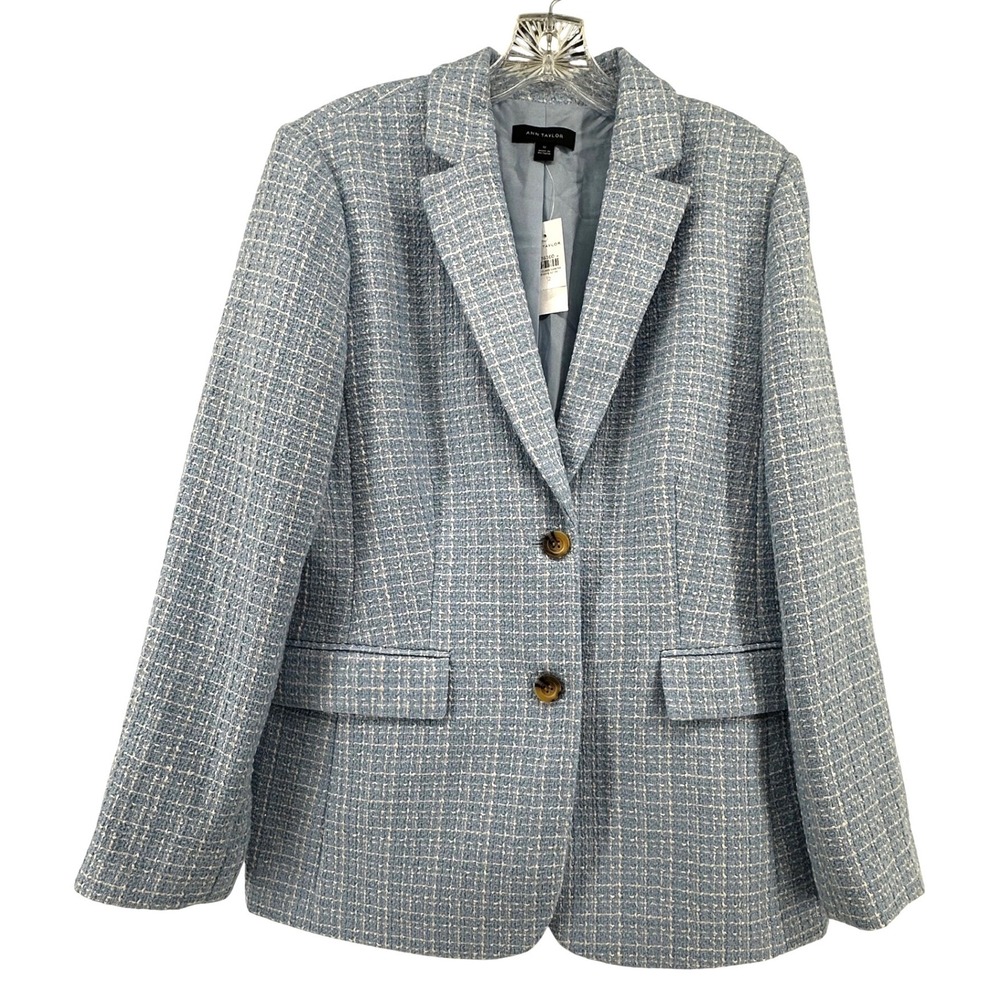 NWT Ann Taylor Blue White Tweed Metallic Two Button Blazer Jacket Size 12 Career